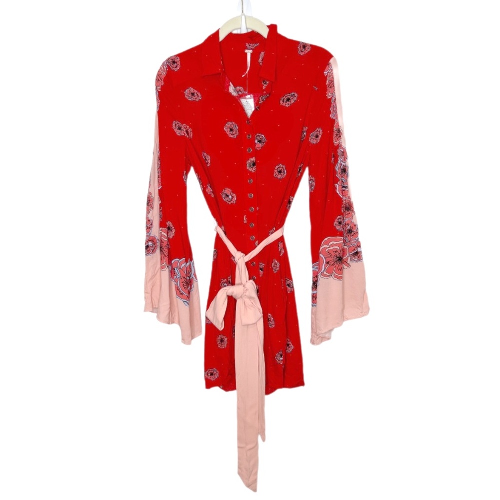 NWT Free People | Red Bell Sleeves Belted Button Down Dress XS